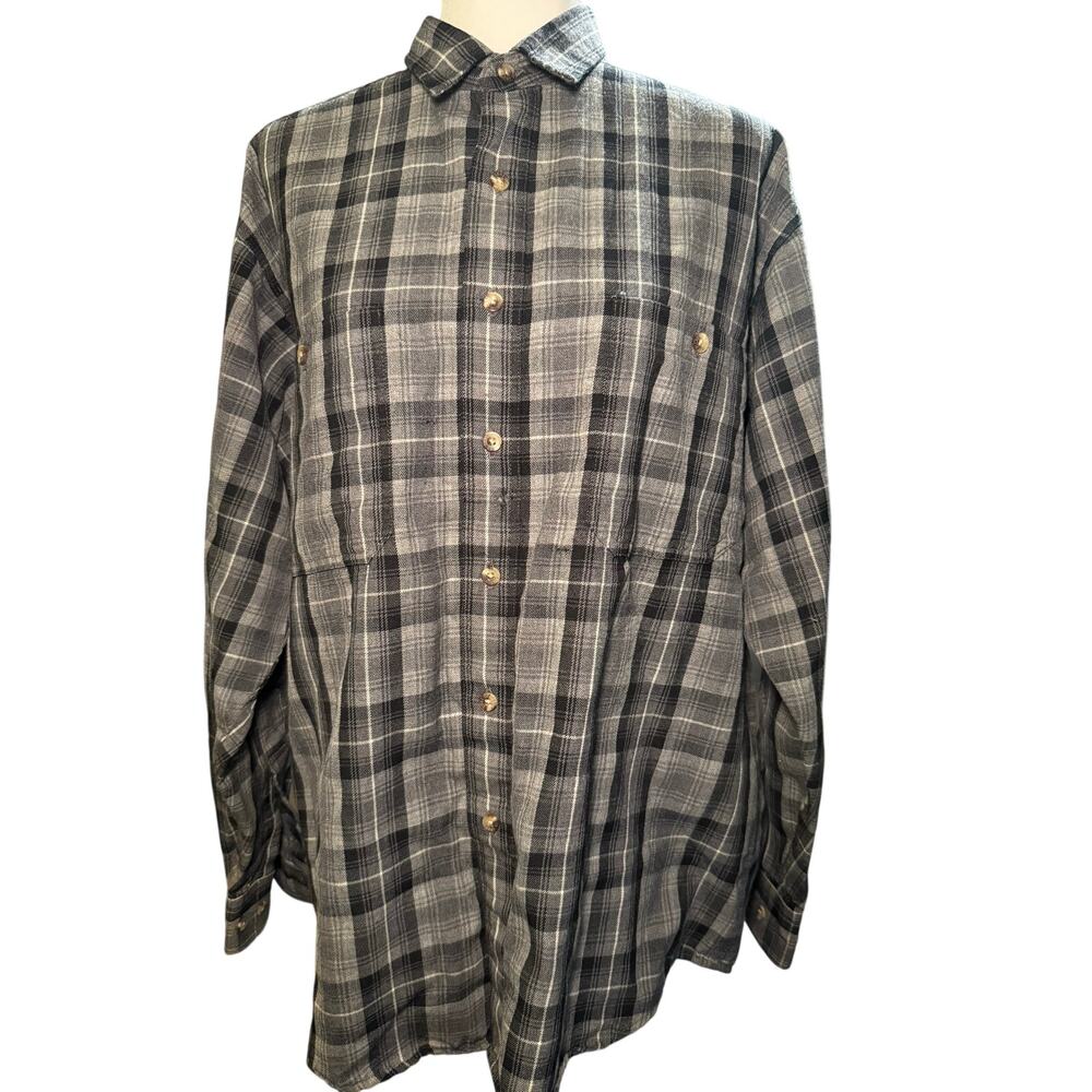 Filson Vintage Gray Black Plaid Flannel Work Shirt, 100% Merino Wool, Large